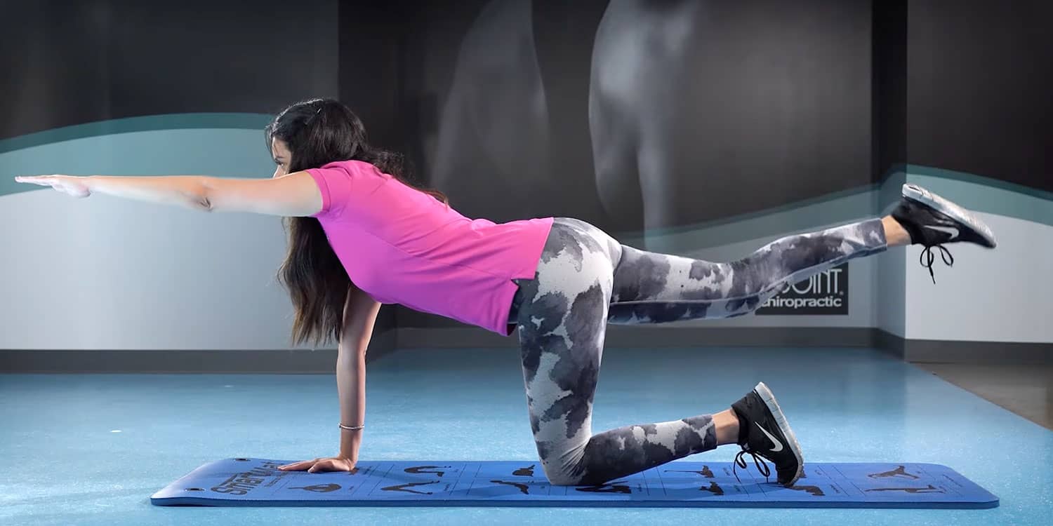 Person demonstrating Bird Dog exercise on a mat for lower back pain prevention and core strength.
